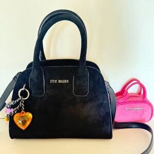 STEVE MADDEN BMOORE SATCHEL CROSSBODY BAG W MINI BAG & CHARMS BLACK FAUX SUEDE
